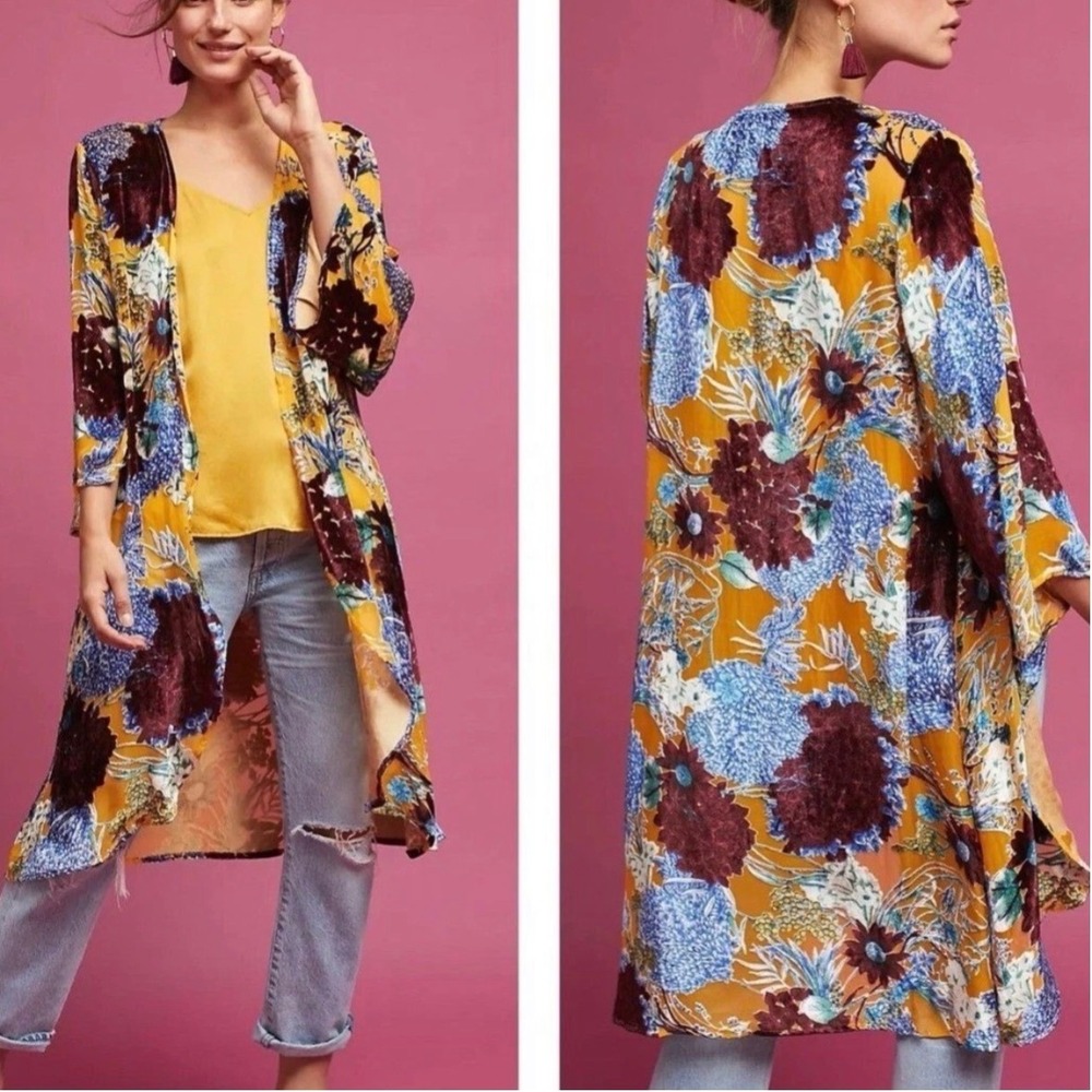 Floreat Anthropologie Aurelia Velvet Burnout Floral Kimono Duster One Size